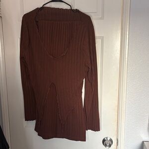 Brown Ribbed Long Sleeve Top